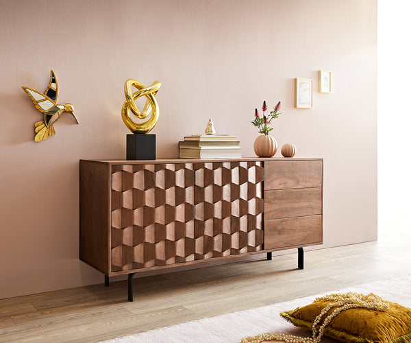 Sideboard Fevo 145cm 2 Doors 3 Drawers Acacia Wood Brown L-Feet Black