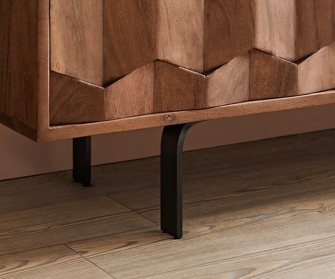 Sideboard Fevo 175cm 2 Doors 3 Drawers Acacia Wood Brown L-Feet Black