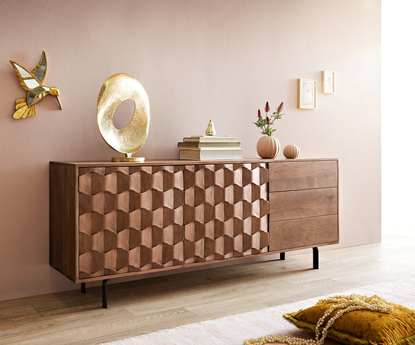 Sideboard Fevo 175cm 2 Doors 3 Drawers Acacia Wood Brown L-Feet Black