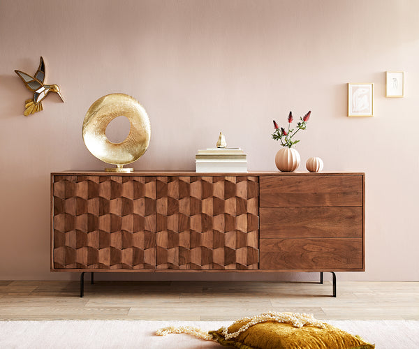 Sideboard Fevo 175cm 2 Doors 3 Drawers Acacia Wood Brown L-Feet Black