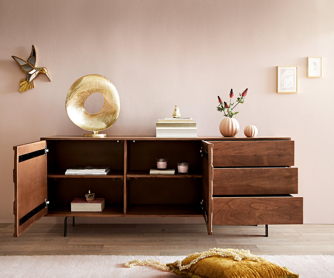 Sideboard Fevo 175cm 2 Doors 3 Drawers Acacia Wood Brown L-Feet Black