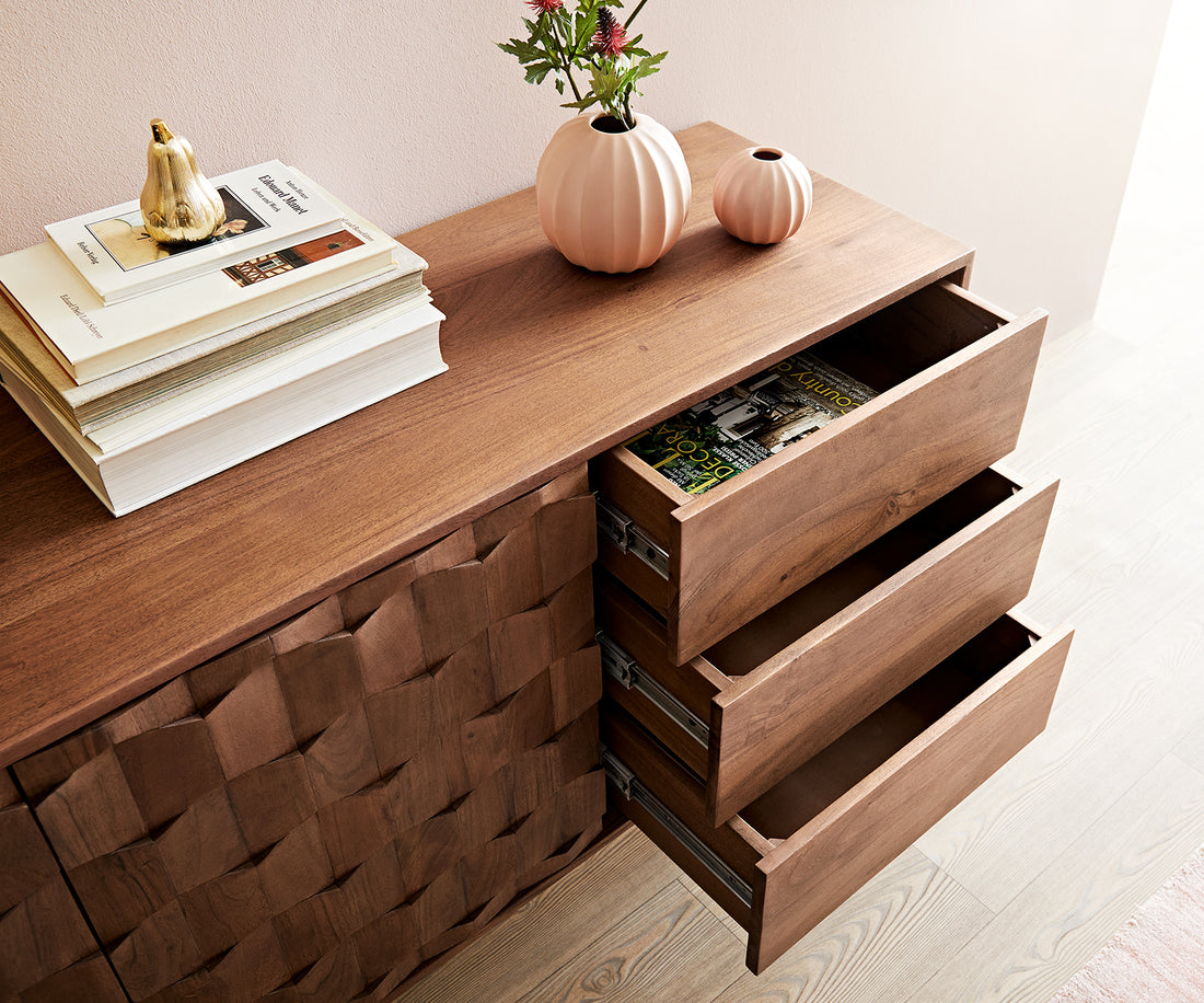Sideboard Fevo 175cm 2 Doors 3 Drawers Acacia Wood Brown L-Feet Black