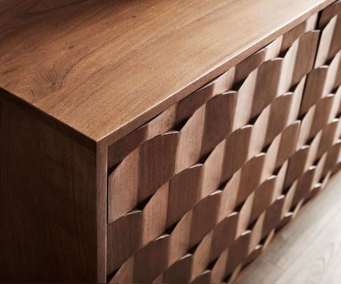 Sideboard Fevo 175cm 2 Doors 3 Drawers Acacia Wood Brown L-Feet Black