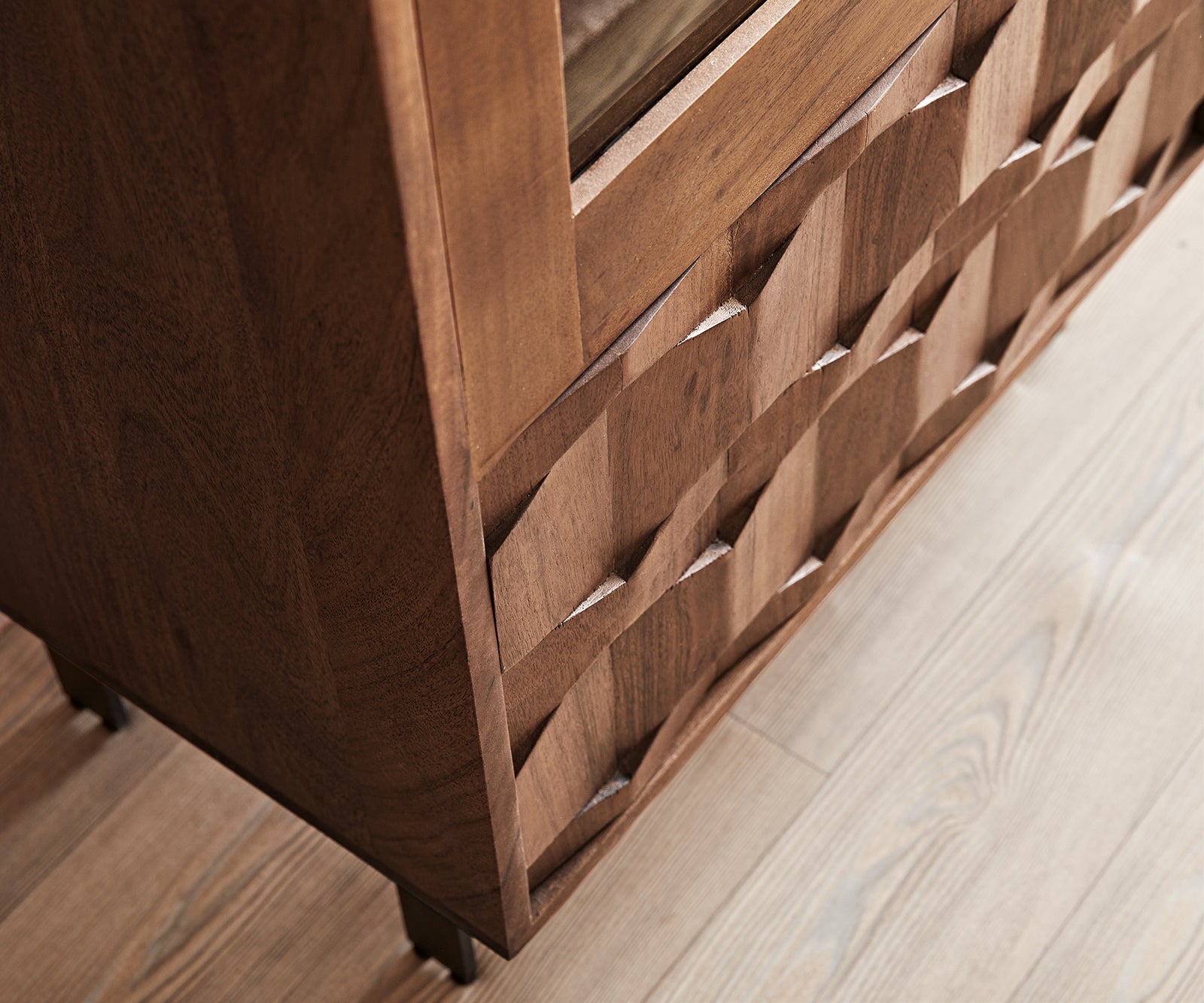 Display Cabinet Fevo 115x150cm Acacia Wood Brown 2 Doors 4 Drawers L-Feet Metal Black