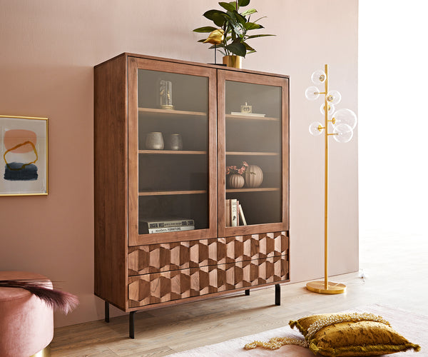 Display Cabinet Fevo 115x150cm Acacia Wood Brown 2 Doors 4 Drawers L-Feet Metal Black