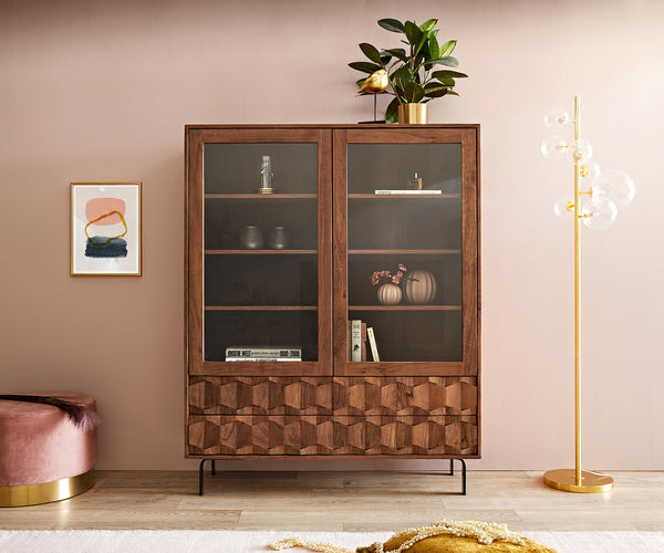 Display Cabinet Fevo 115x150cm Acacia Wood Brown 2 Doors 4 Drawers L-Feet Metal Black