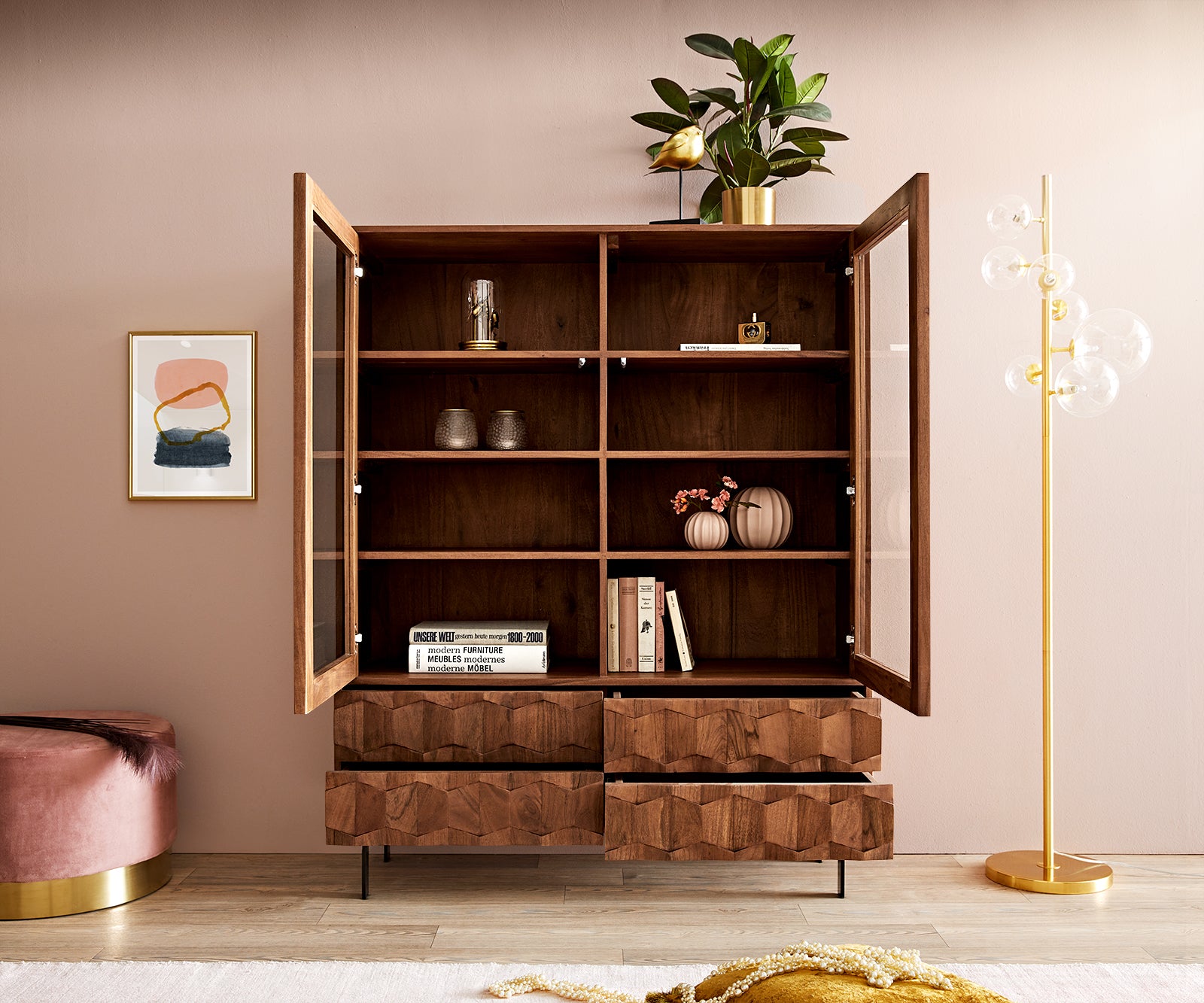 Display Cabinet Fevo 115x150cm Acacia Wood Brown 2 Doors 4 Drawers L-Feet Metal Black
