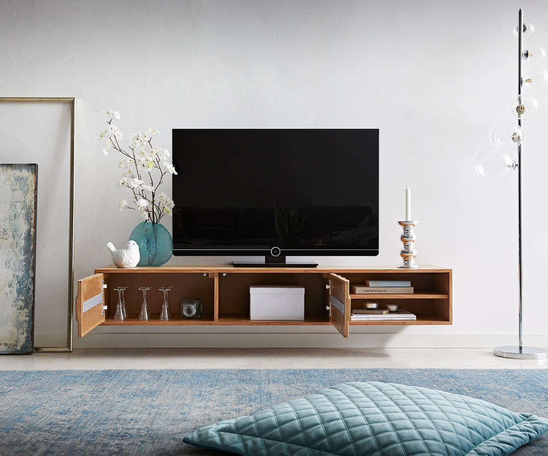 Floating TV Stand Fevo 160cm Acacia Wood Natural 2 Doors 2 Compartments