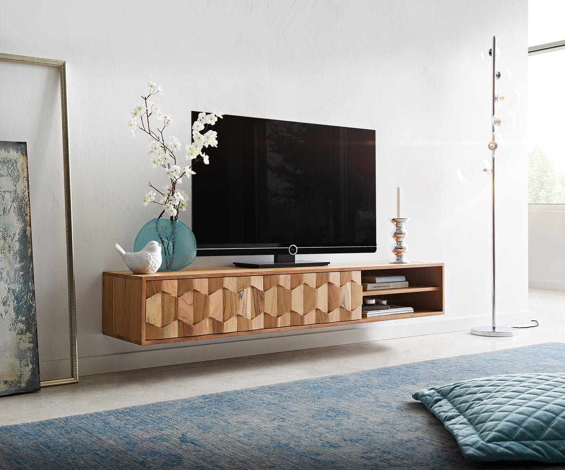 Floating TV Stand Fevo 160cm Acacia Wood Natural 2 Doors 2 Compartments