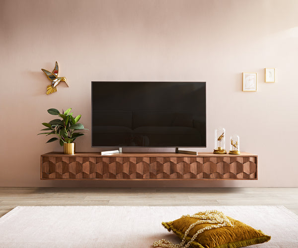 Floating TV Stand Fevo 220cm Acacia Wood Brown 4 Doors