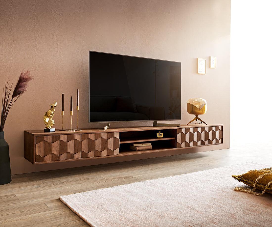 Floating TV Stand Fevo 240cm Acacia Wood Brown 4 Doors 2 Compartments