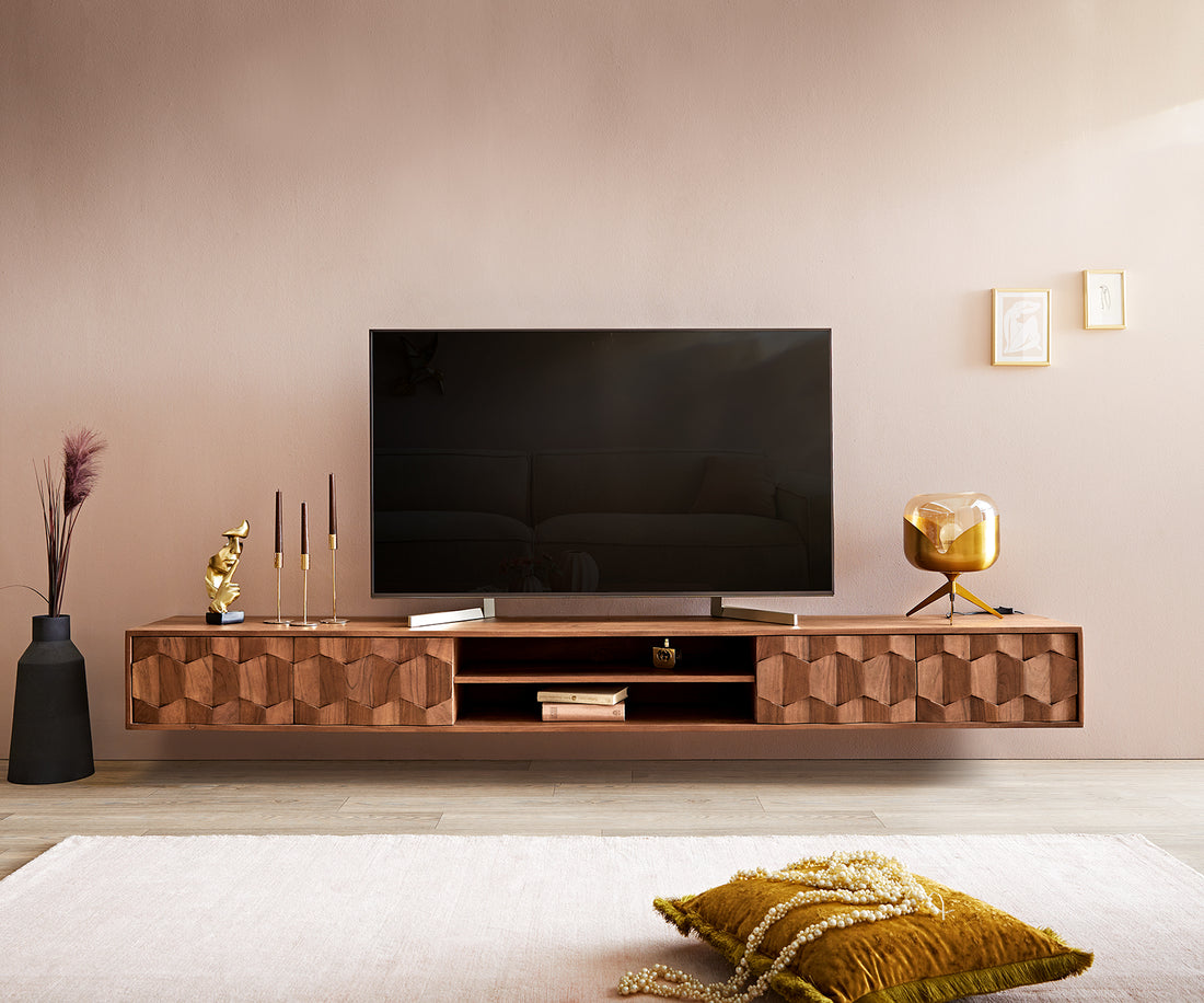 Floating TV Stand Fevo 240cm Acacia Wood Brown 4 Doors 2 Compartments