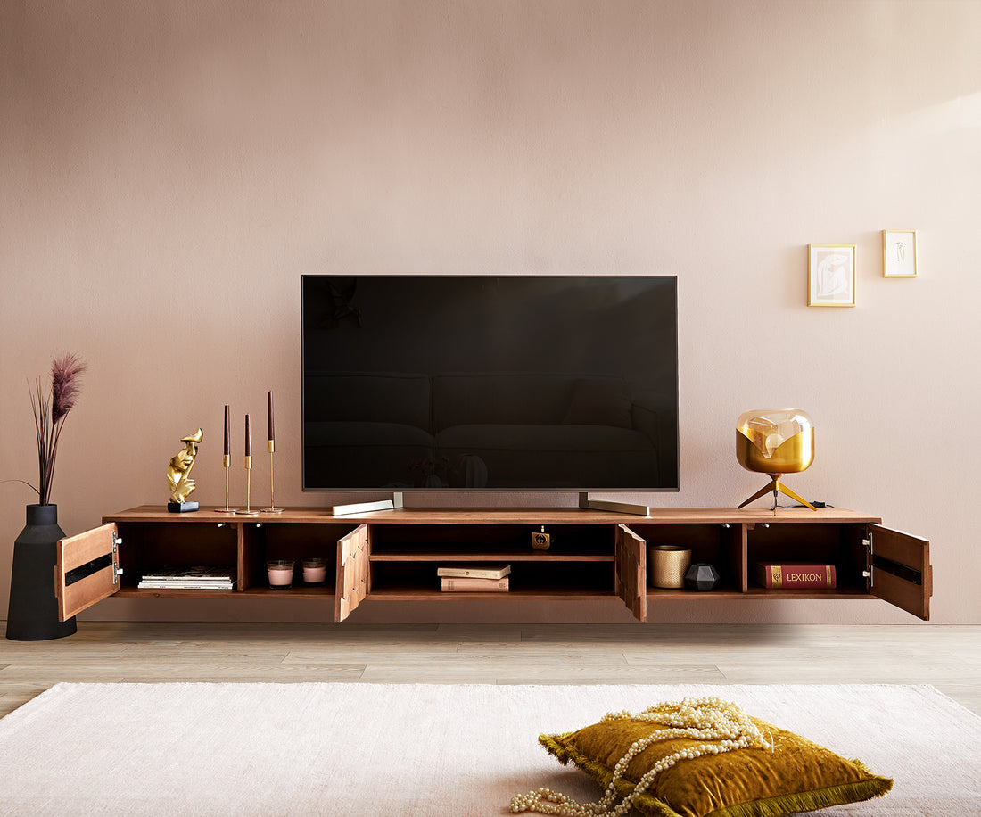 Floating TV Stand Fevo 240cm Acacia Wood Brown 4 Doors 2 Compartments