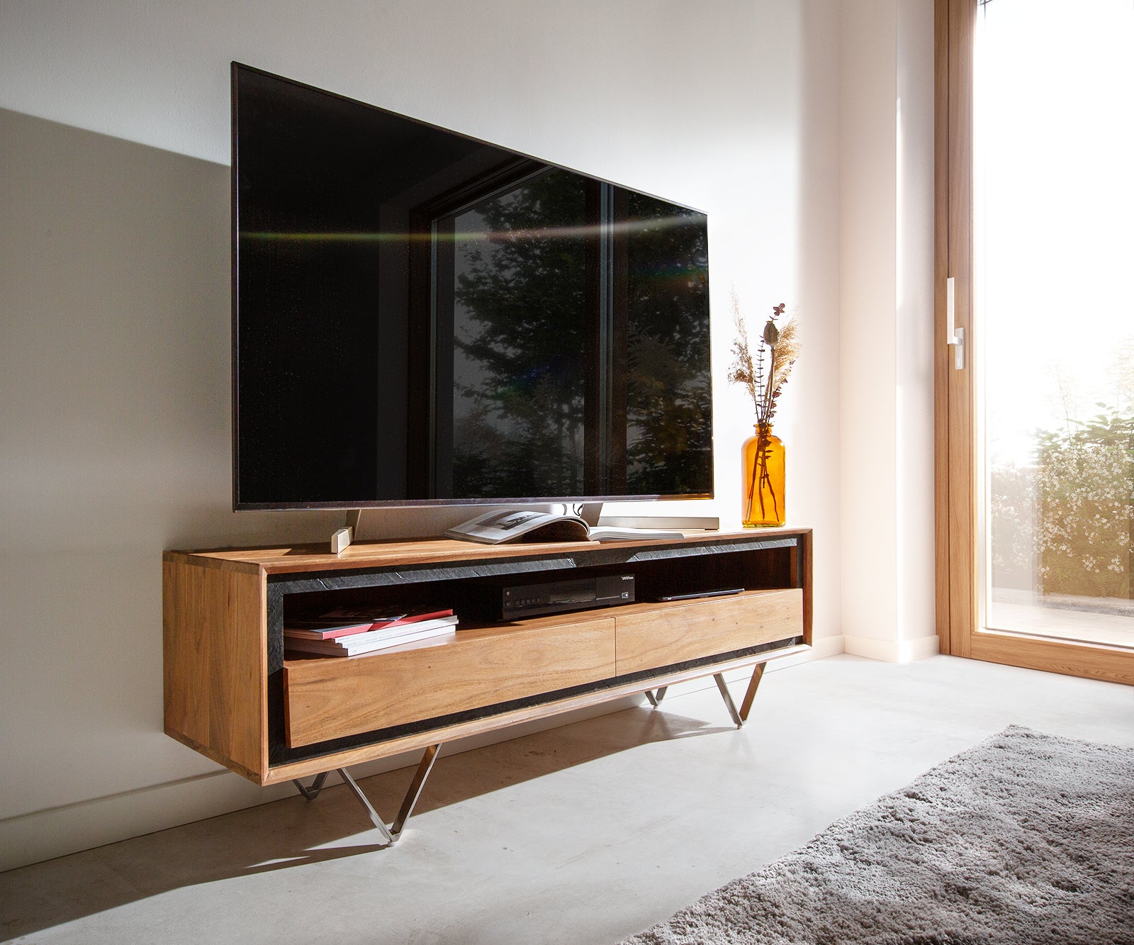 TV Stand Stonegrace Classic 145cm Acacia Wood Natural Stone Veneer V-Feet With Compartment