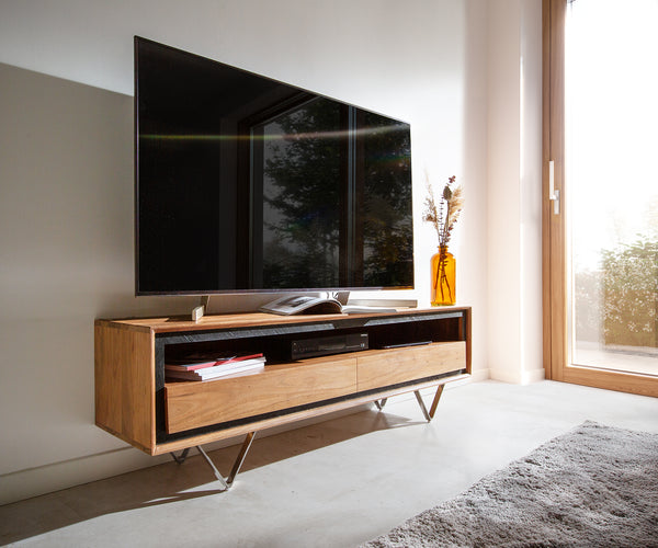 TV Stand Stonegrace Classic 145cm Acacia Wood Natural Stone Veneer V-Feet With Compartment