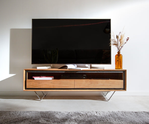 TV Stand Stonegrace Classic 145cm Acacia Wood Natural Stone Veneer V-Feet With Compartment