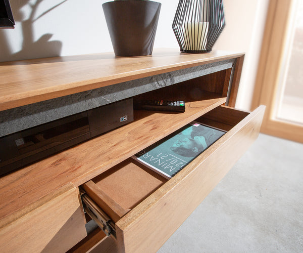 TV Stand Stonegrace 240cm Acacia Wood Natural Stone Veneer V-Foot