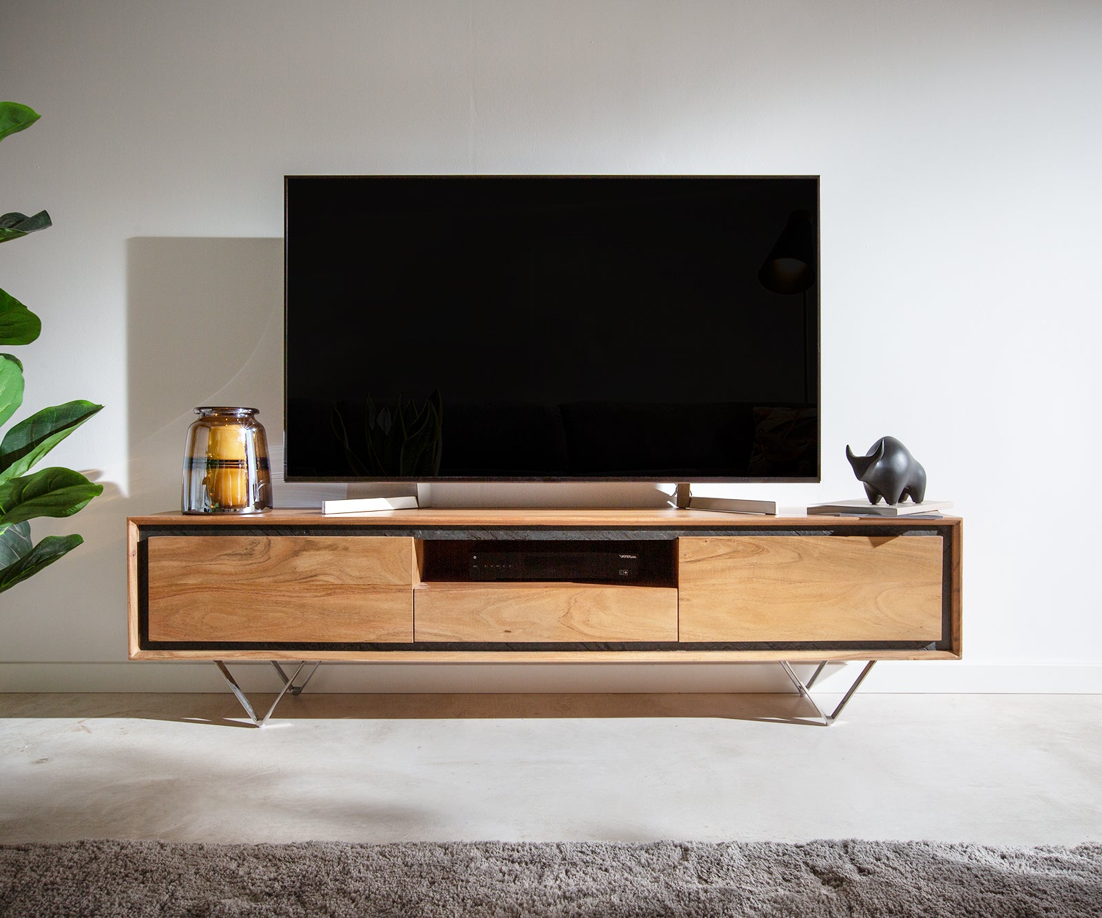 TV Stand Stonegrace 175-240 cm 2 Doors Acacia Wood Natural Stone Veneer V-Foot