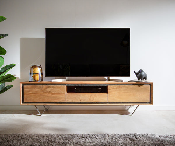 TV Stand Stonegrace 175-240 cm 2 Doors Acacia Wood Natural Stone Veneer V-Foot