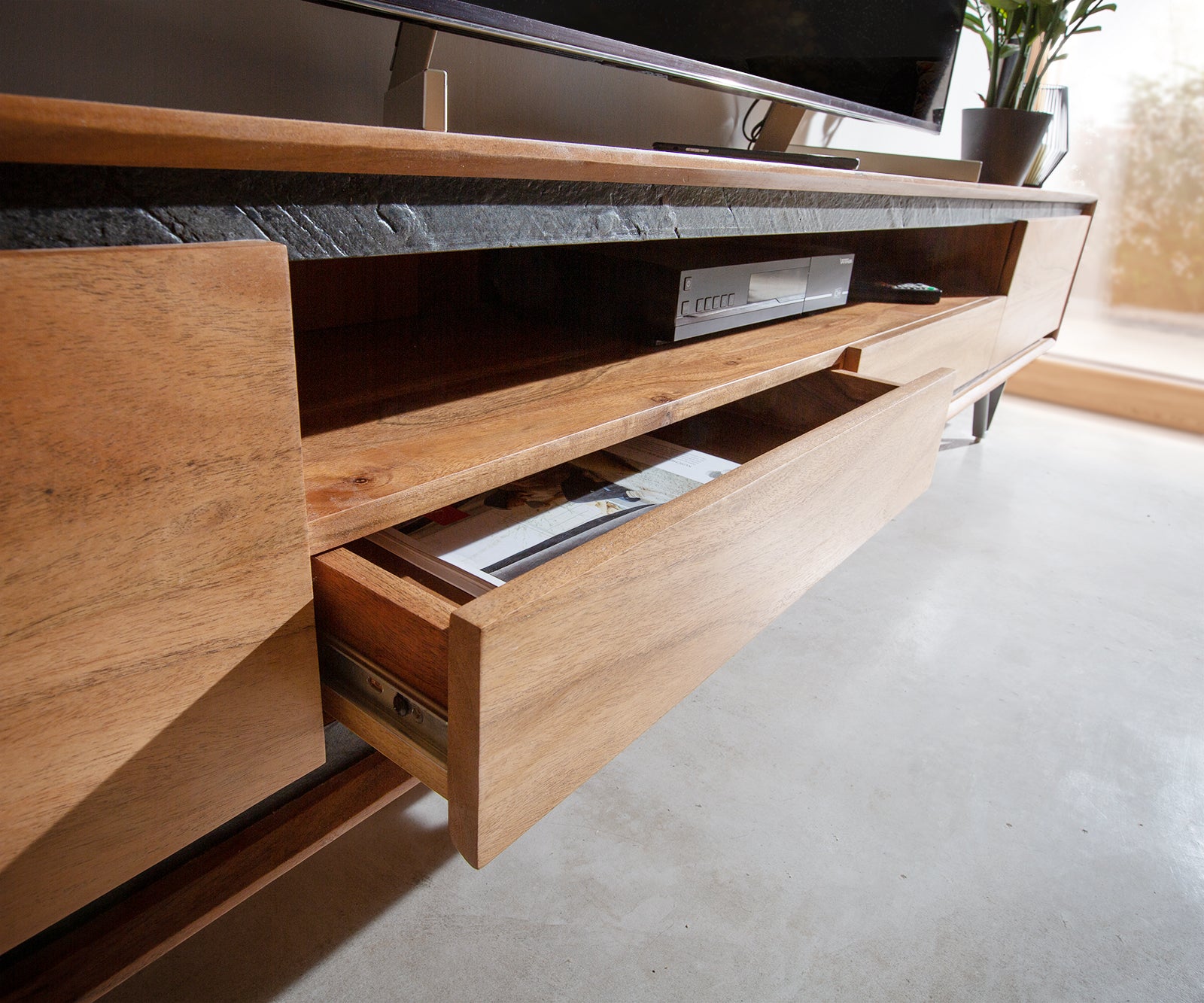 TV Stand Stonegrace 175-240 cm 2 Doors Acacia Wood Natural Stone Veneer V-Foot