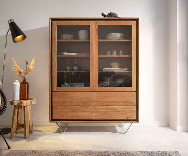 Display Cabinet Stonegrace 115x150cm 2 Doors Acacia Wood Natural Stone Veneer V-Leg