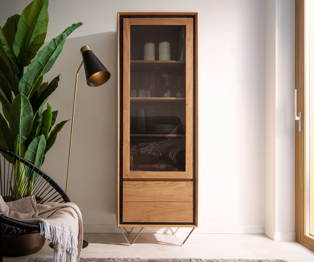 Display Cabinet Stonegrace Classic 55x180cm Acacia Wood Natural Stone Veneer V-Feet