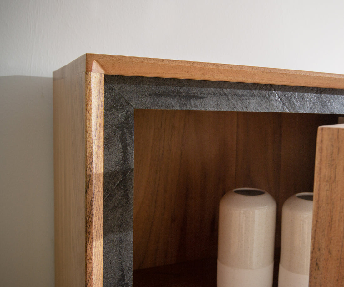 Display Cabinet Stonegrace Classic 55x180cm Acacia Wood Natural Stone Veneer V-Feet
