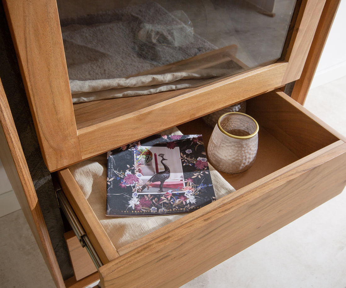 Display Cabinet Stonegrace Classic 55x180cm Acacia Wood Natural Stone Veneer V-Feet