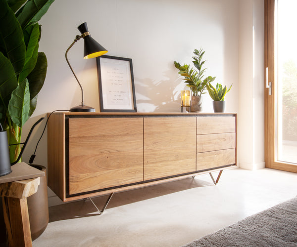 Sideboard Stonegrace 175 cm 2 Doors Acacia Wood Natural Stone Veneer V-Leg