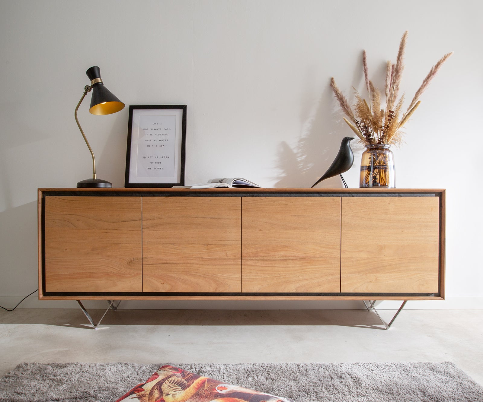 Sideboard Stonegrace 200cm 4 Doors Acacia Wood Natural Stone Veneer V-Leg