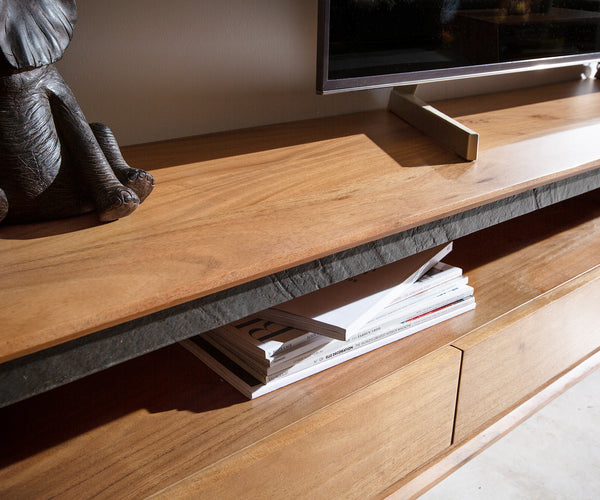 Floating TV Stand Stonegrace 145-240 cm Acacia Wood Natural Stone Veneer