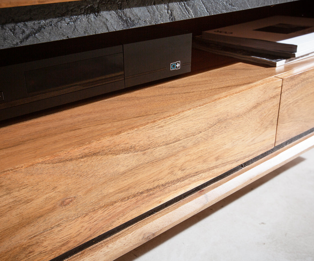 Floating TV Stand Stonegrace Classic 240cm 2 Doors Acacia Wood Natural Stone Veneer