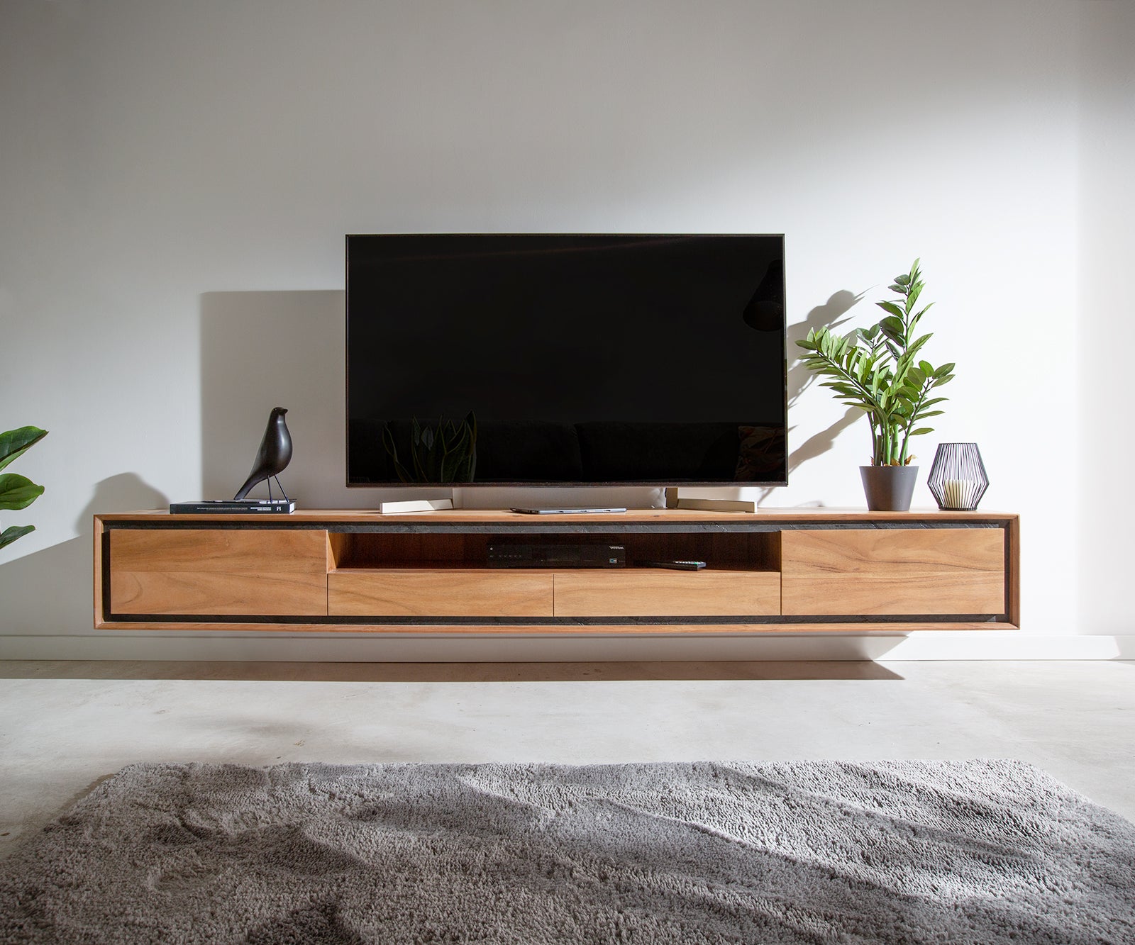 Floating TV Stand Stonegrace 240cm 2 Doors Center Compartment Acacia Wood Natural Stone Veneer