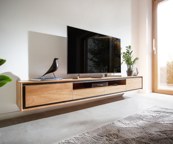 Floating TV Stand Stonegrace 240 cm 2 Doors Center Compartment Acacia Wood Natural Stone Veneer