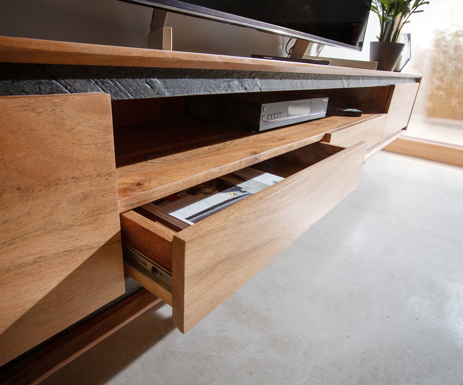 Floating TV Stand Stonegrace 240cm 2 Doors Center Compartment Acacia Wood Natural Stone Veneer