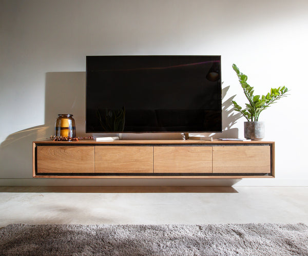 Floating TV Stand Stonegrace 145-200 cm Acacia Wood Natural Stone Veneer