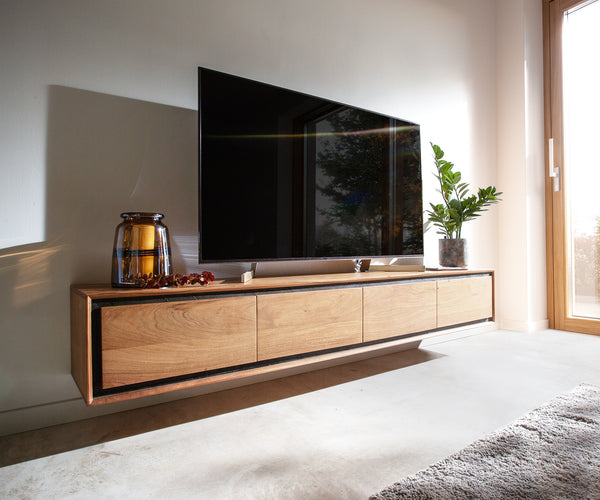 Floating TV Stand Stonegrace 145-200 cm Acacia Wood Natural Stone Veneer