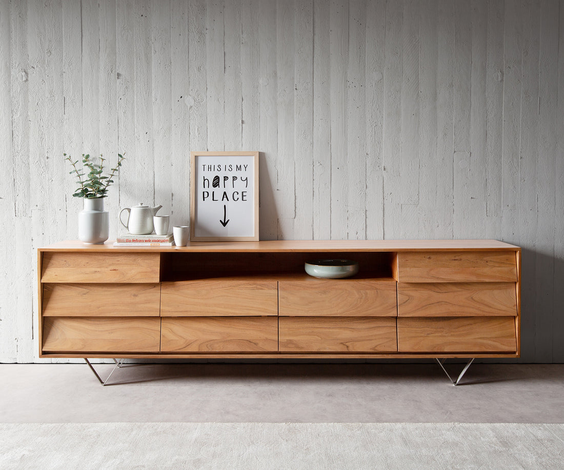 Sideboard Eloi 240cm Acacia Wood Natural 2 Flap Doors 6 Drawers 1 Compartment V-Feet Silver