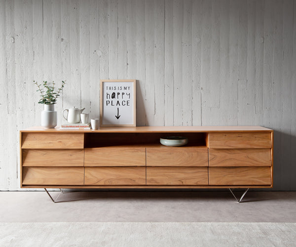 Sideboard Eloi 240cm Acacia Wood Natural 2 Flap Doors 6 Drawers 1 Compartment V-Feet Silver