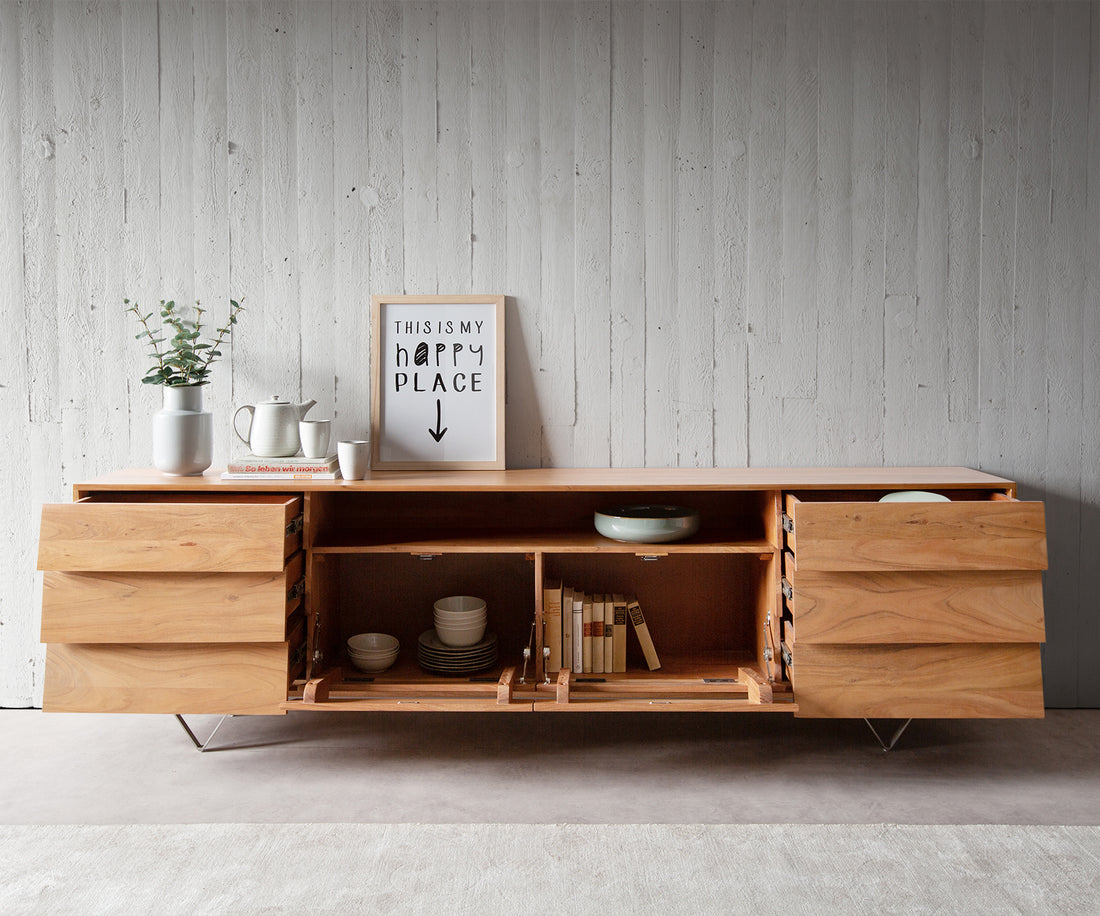 Sideboard Eloi 240cm Acacia Wood Natural 2 Flap Doors 6 Drawers 1 Compartment V-Feet Silver