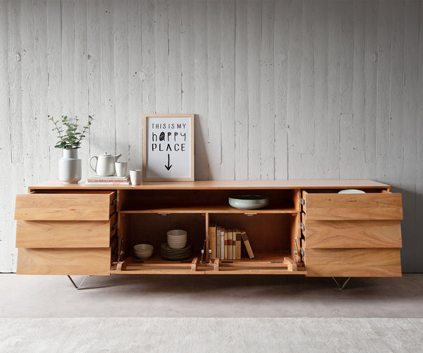 Sideboard Eloi 240cm Acacia Wood Natural 2 Flap Doors 6 Drawers 1 Compartment V-Feet Silver