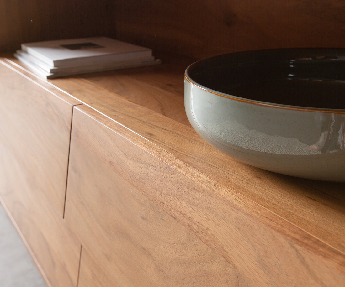 Sideboard Eloi 240cm Acacia Wood Natural 2 Flap Doors 6 Drawers 1 Compartment V-Feet Silver