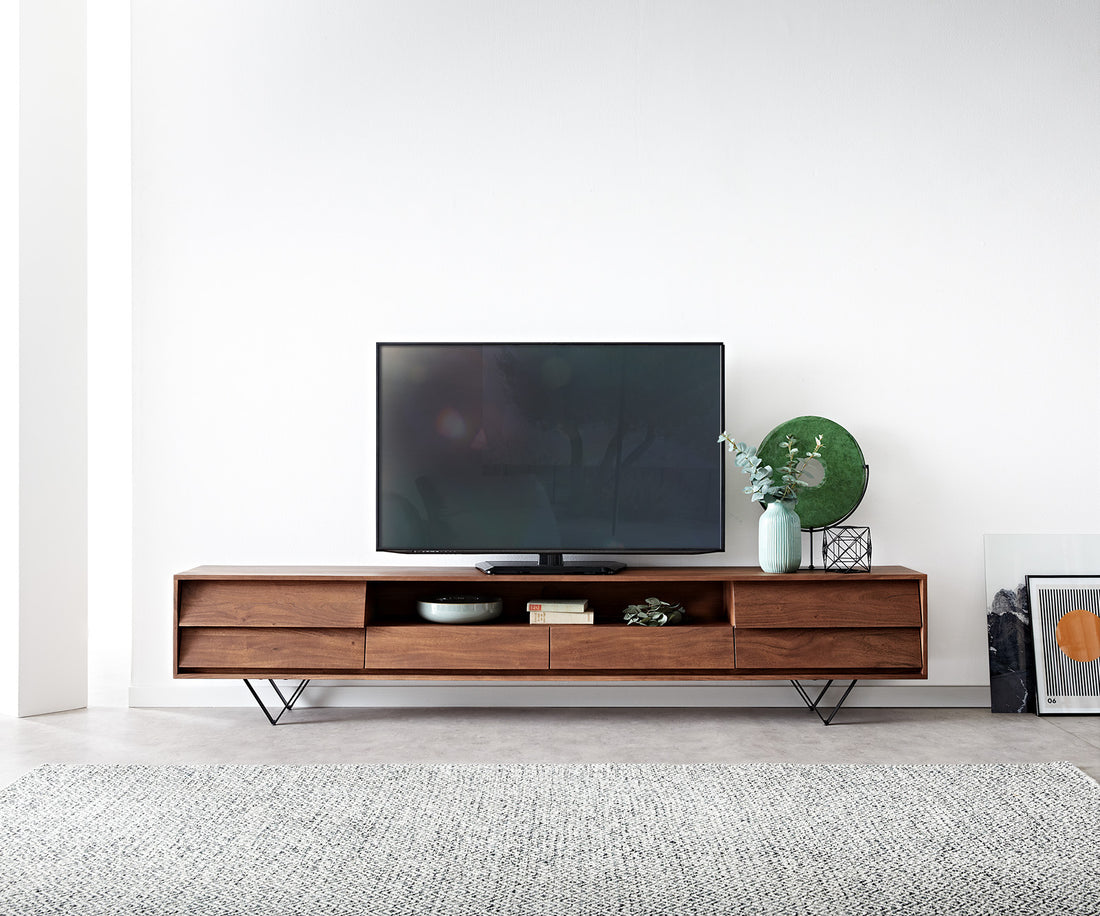 TV Stand Eloi 240cm Acacia Wood Brown 2 Drawers 2 Flap Doors 1 Compartment V-Feet Black