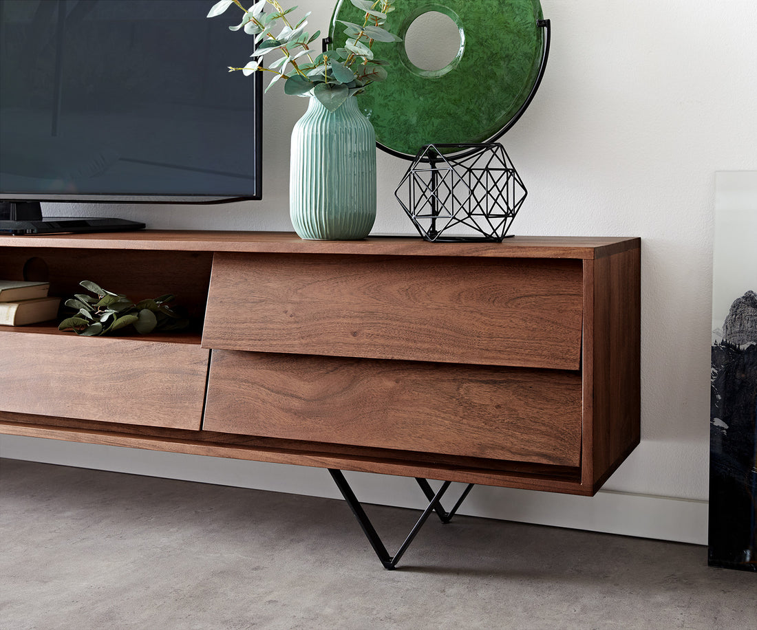 TV Stand Eloi 240cm Acacia Wood Brown 2 Drawers 2 Flap Doors 1 Compartment V-Feet Black