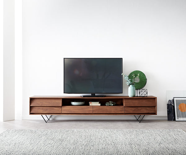TV Stand Eloi 240cm Acacia Wood Brown 2 Drawers 2 Flap Doors 1 Compartment V-Feet Black