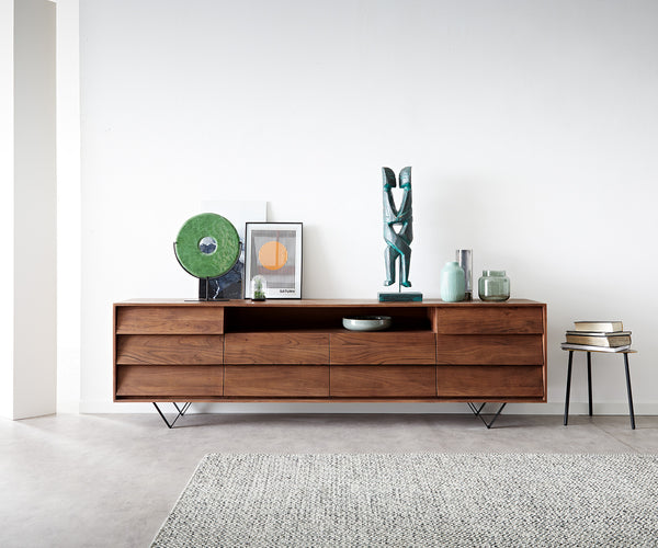 Sideboard Eloi 240cm Acacia Wood Brown 2 Flap Doors 6 Drawers 1 Compartment V-Feet Black