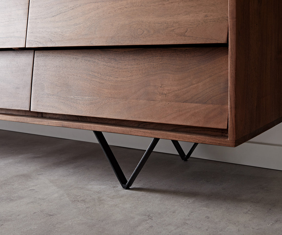 Sideboard Eloi 240cm Acacia Wood Brown 2 Flap Doors 6 Drawers 1 Compartment V-Feet Black