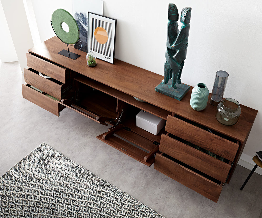 Sideboard Eloi 240cm Acacia Wood Brown 2 Flap Doors 6 Drawers 1 Compartment V-Feet Black