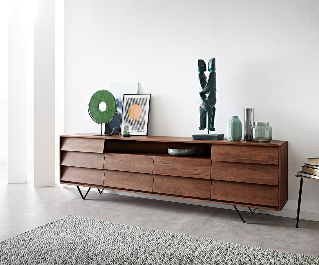Sideboard Eloi 240cm Acacia Wood Brown 2 Flap Doors 6 Drawers 1 Compartment V-Feet Black