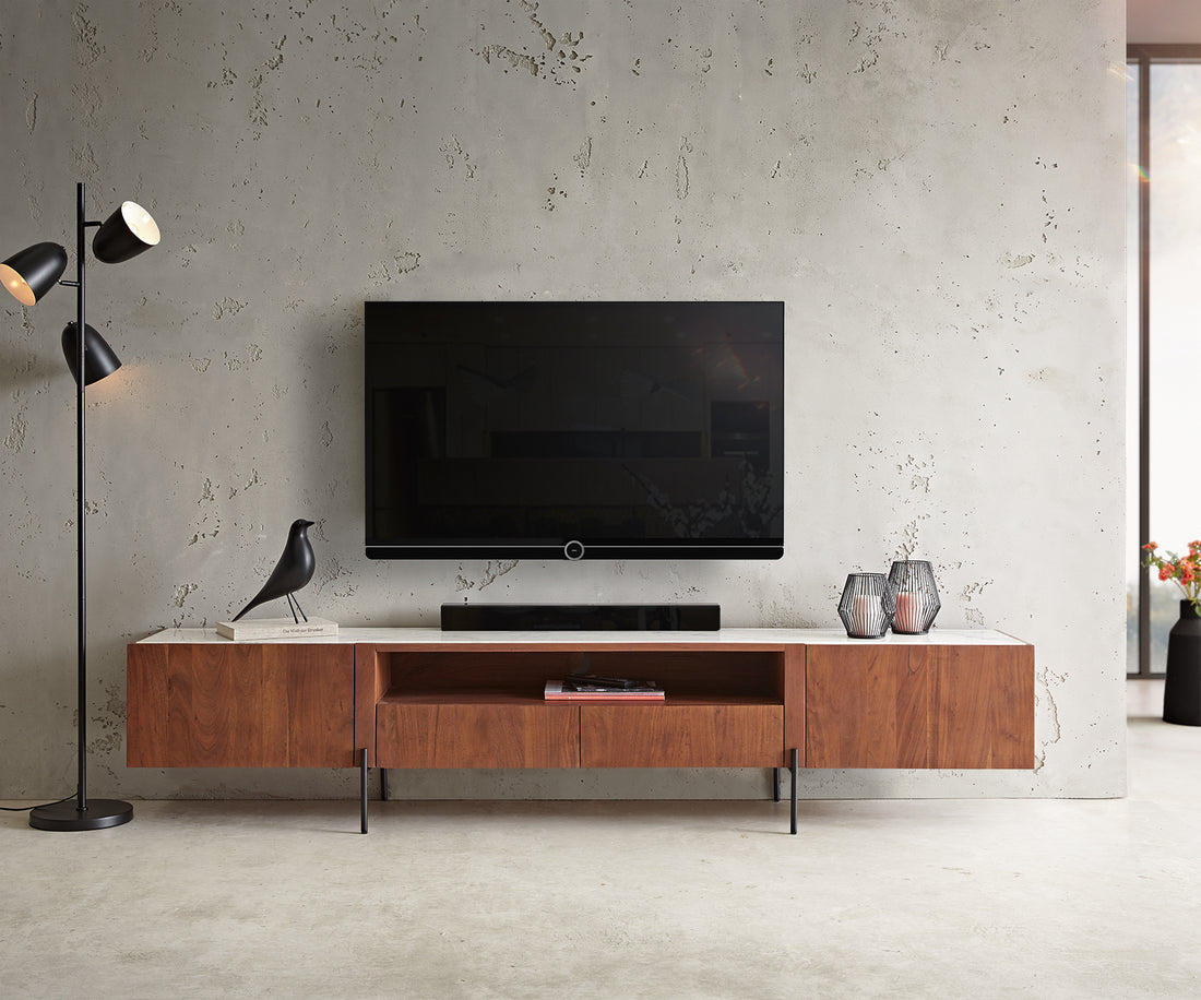 TV Stand Secara 220cm Acacia Wood Brown 2 Doors 2 Compartments